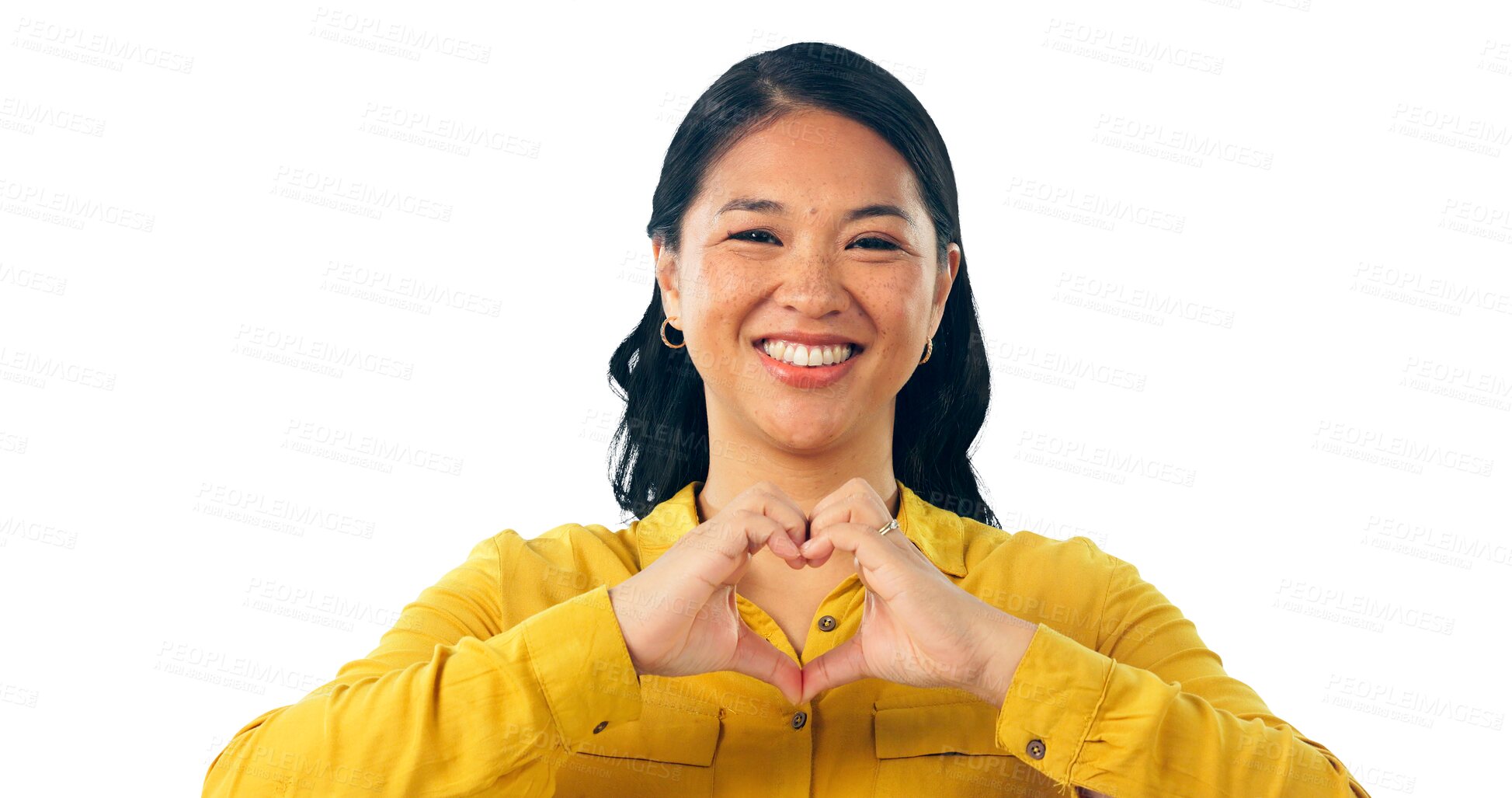 Buy stock photo Heart, hands and portrait of woman for peace, vote and feedback or isolated on transparent png background. Asian female person, smile and love emoji for kindness, romance and gratitude or thank you