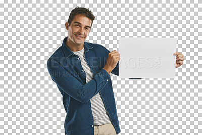 Buy stock photo Portrait, announcement and man with blank poster on deal promotion isolated on transparent png background. News, banner and happy person showing offer on paper, sign or billboard with mockup space