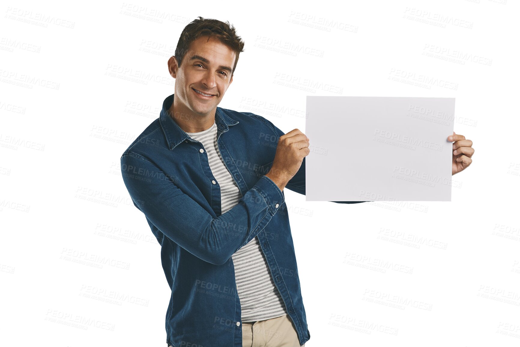 Buy stock photo Portrait, announcement and man with blank poster on deal promotion isolated on transparent png background. News, banner and happy person showing offer on paper, sign or billboard with mockup space