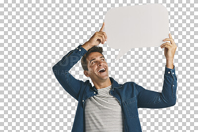 Buy stock photo Voice, opinion and man with blank speech bubble message isolated on transparent png background. News, social media comment and guy showing vote notification on paper, sign or billboard with mockup.