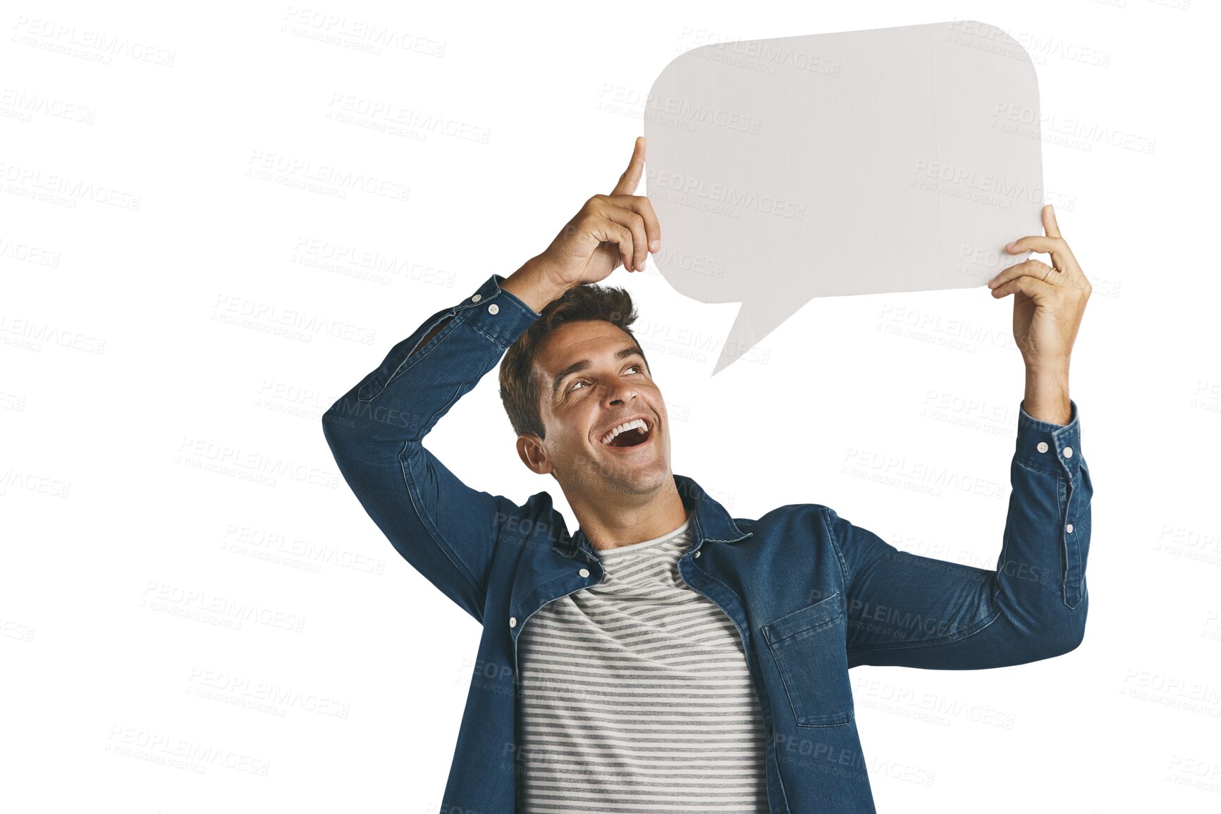 Buy stock photo Voice, opinion and man with blank speech bubble message isolated on transparent png background. News, social media comment and guy showing vote notification on paper, sign or billboard with mockup.