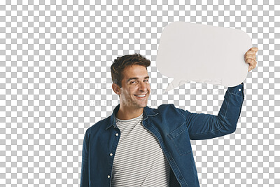 Buy stock photo Portrait, announcement and man with blank speech bubble message isolated on transparent png background. Like, subscribe or review with social media comment, guy showing vote or notification on paper.