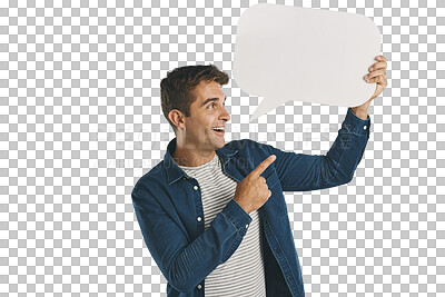 Buy stock photo Mockup, happy man and hand pointing to speech bubble for news, info or faq on isolated, transparent or png background. Social media, poster and male person show voice, communication or space offer