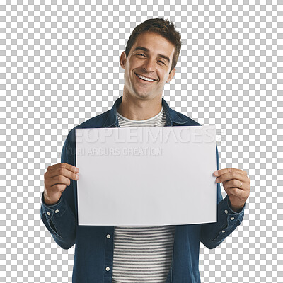 Buy stock photo Mockup, smile and man with poster for billboard, design or advertising board for marketing. Male person, happy and paper banner for promotion sign on isolated, transparent and png background