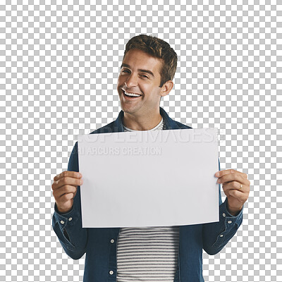 Buy stock photo Happy, mockup and man with poster for advertising, product placement or billboard for marketing. Smile, male person and paper board for promotion sign on isolated, transparent and png background