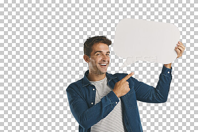 Buy stock photo Portrait, pointing and man with blank speech bubble message isolated on transparent png background. Like, subscribe or review with social media comment, guy showing vote or notification on paper.