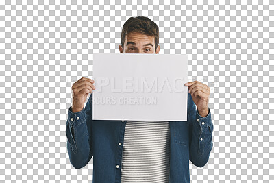 Buy stock photo Man, face and paper poster for advertising with mock up, marketing space and information for advertisement. Person, billboard promotion and show announcement isolated on png a transparent background