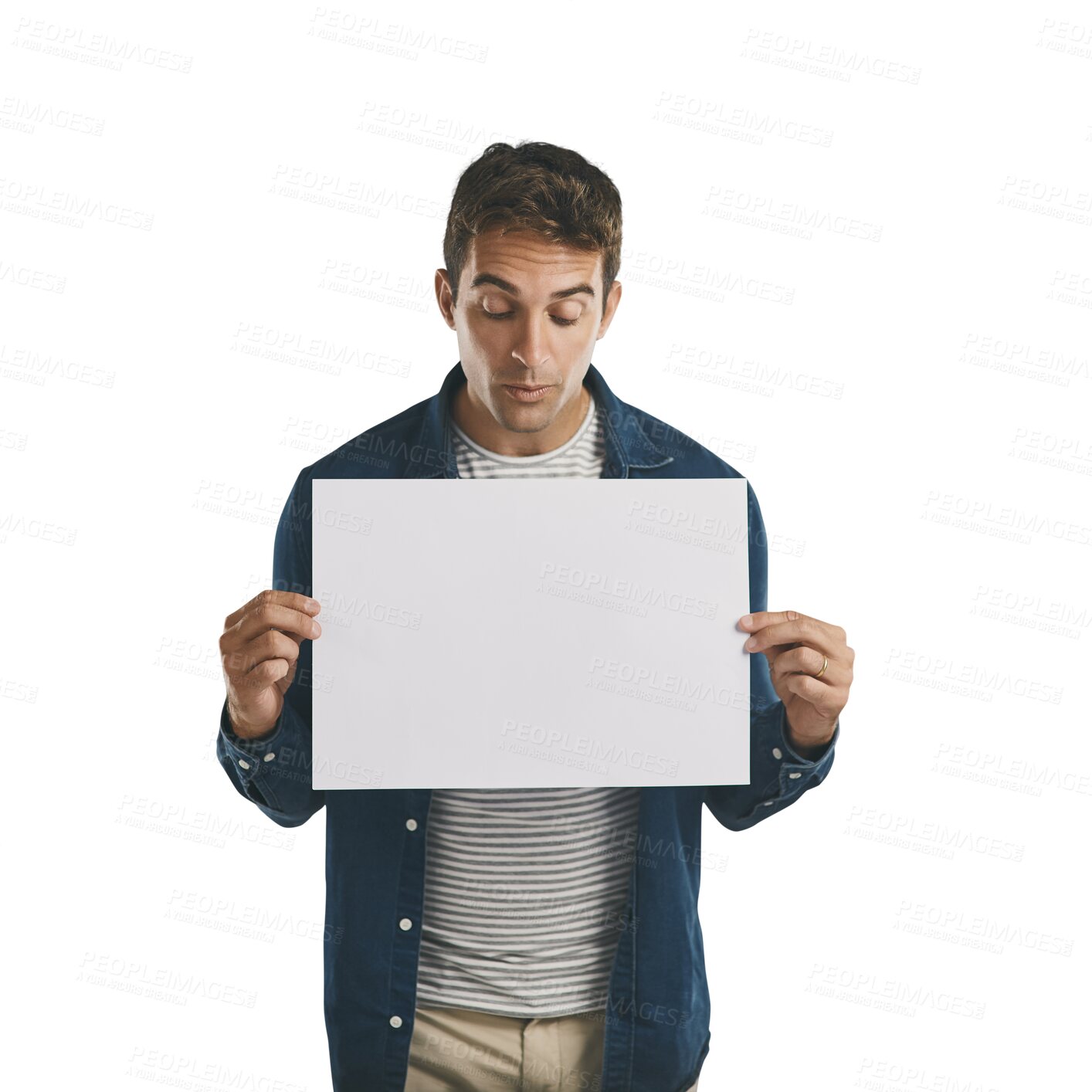 Buy stock photo Man, face and billboard poster for advertising with mock up, marketing space and information for advertisement. Person, placard promotion or show announcement isolated on png a transparent background