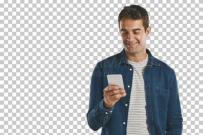 Buy stock photo Social media, smile and man on phone in isolated background, png and transparent with technology. Person, typing and happiness with mobile on hand, relax and online with app for texting and email