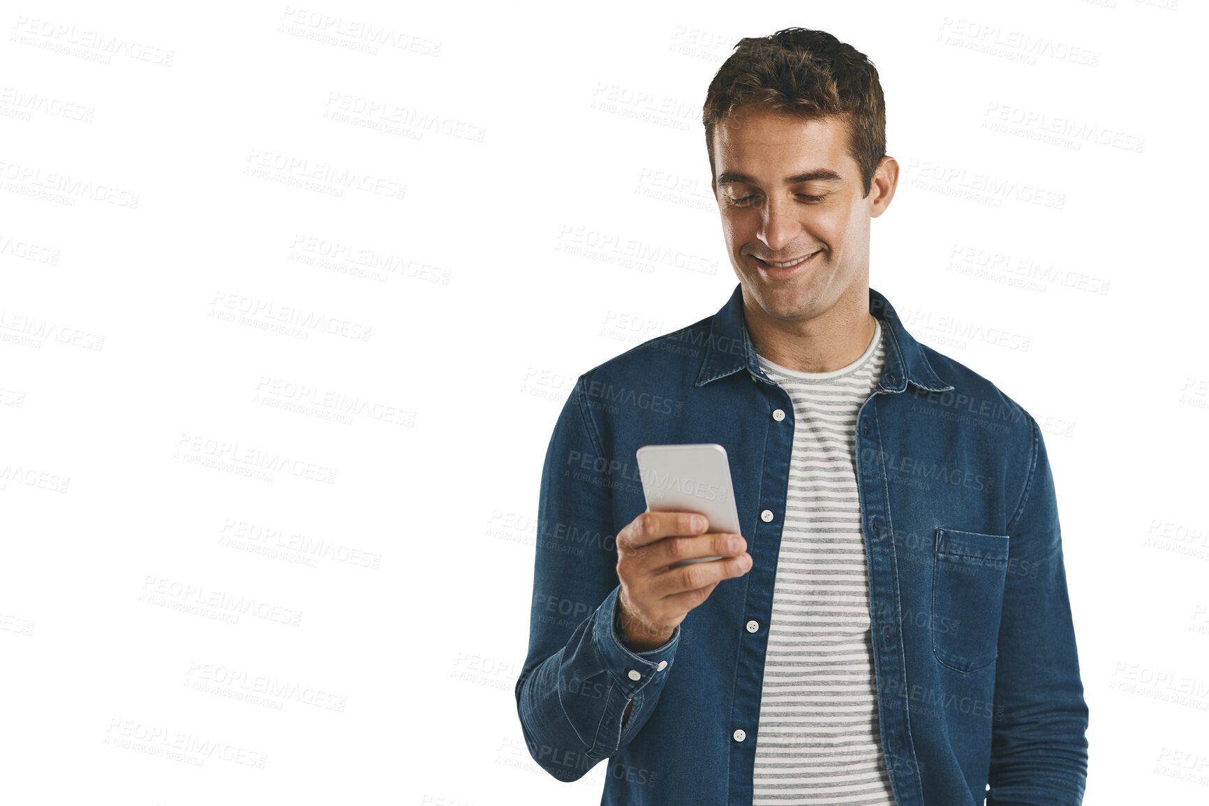 Buy stock photo Social media, smile and man on phone in isolated background, png and transparent with technology. Person, typing and happiness with mobile on hand, relax and online with app for texting and email