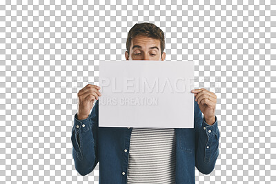 Buy stock photo Man, hiding and paper poster for advertising with mock up, marketing space or information for advertisement. Person, billboard promotion and show announcement isolated on png, transparent background