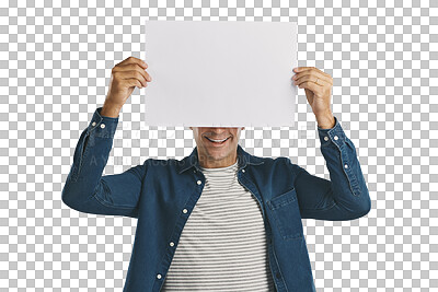 Buy stock photo Man, hiding and paper poster for marketing with mock up, advertising space or information for advertisement. Person, billboard promotion and show announcement isolated on png a transparent background