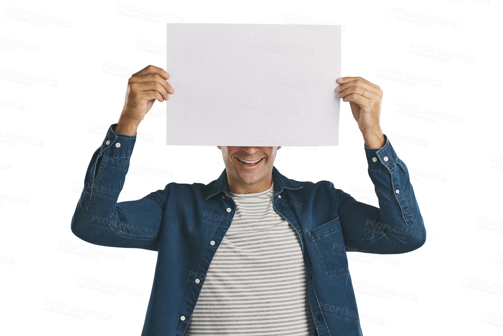 Buy stock photo Man, hiding and paper poster for marketing with mock up, advertising space or information for advertisement. Person, billboard promotion and show announcement isolated on png a transparent background