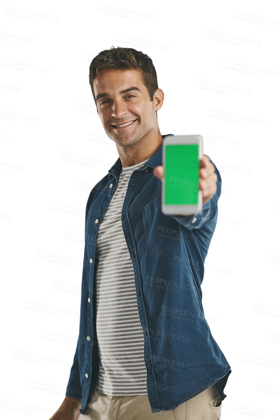 Buy stock photo Portrait, green screen and man show phone, smile and isolated on a transparent png background. Smartphone, chroma key and happy person with app for marketing, social media or mockup space on display