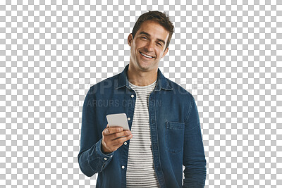 Buy stock photo Portrait, happy and man with smartphone in background, png and transparent with technology. Person, isolated and happiness with mobile on hand, relax and online with app for texting and email