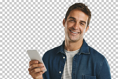 Buy stock photo Man, portrait and smile with phone, texting and message for communication and connection. Model, technology and happiness for social media and contact isolated on a transparent, png background
