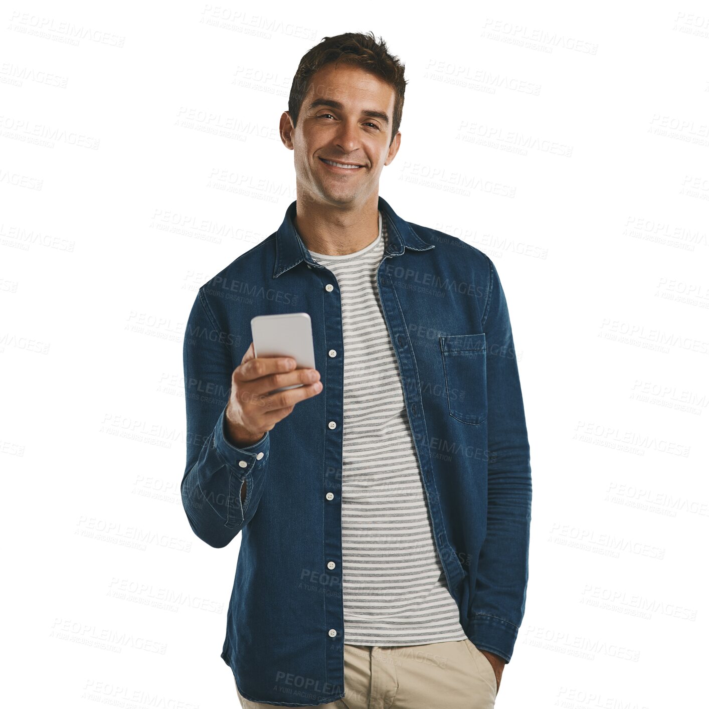 Buy stock photo Portrait, smile and man with phone for social media, internet and communication isolated on a transparent png background. Face, smartphone and happy person on mobile app, technology and cellphone