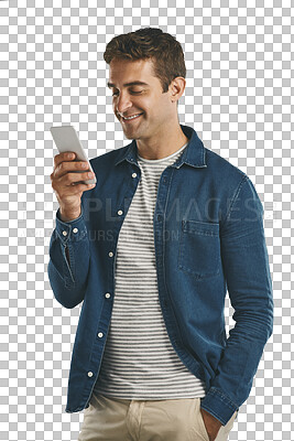 Buy stock photo Smile, typing and man with phone for social media, internet and communication isolated on a transparent png background. Scroll, smartphone and happy person on mobile app, technology and reading email