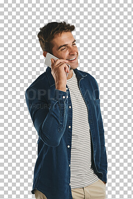 Buy stock photo Smile, phone call and man talking to contact, conversation or listening to news isolated on a transparent png background. Smartphone, chat and happy person in discussion, communication and laughing