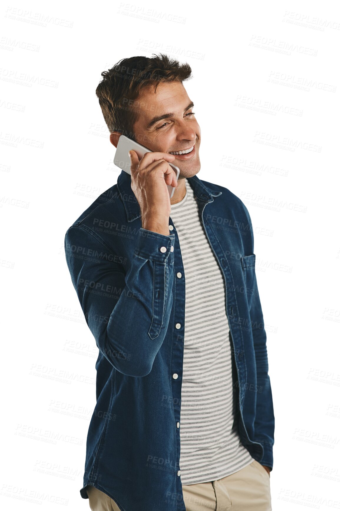 Buy stock photo Smile, phone call and man talking to contact, conversation or listening to news isolated on a transparent png background. Smartphone, chat and happy person in discussion, communication and laughing