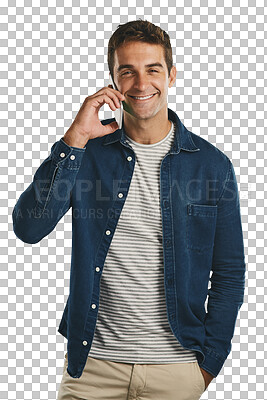 Buy stock photo Portrait, phone or man on happy call for communication of good news, contact and planning. Male person, big smile and talking on smartphone while standing isolated on transparent png background