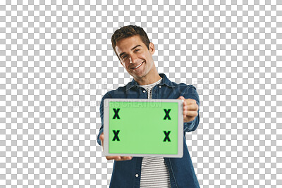 Buy stock photo Portrait, tablet and man with green screen to show space isolated on a transparent png background. Technology, chroma key and smile of person advertising, social media or mockup with tracking markers