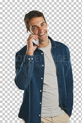 Buy stock photo Man, portrait and smile with smartphone, call and message for communication and connection. Model, technology and happiness for social media and contact isolated on a transparent, png background