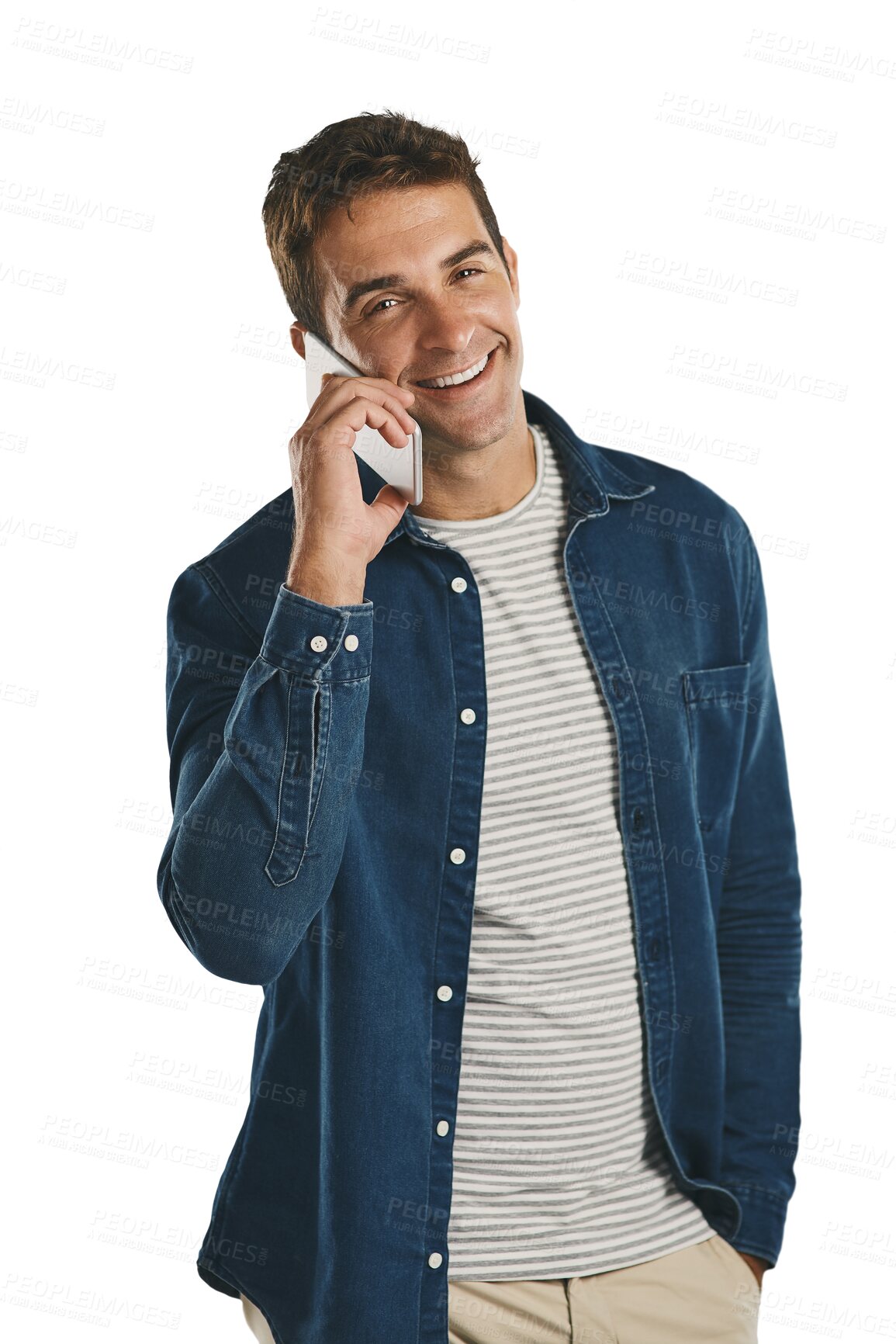 Buy stock photo Man, portrait and smile with smartphone, call and message for communication and connection. Model, technology and happiness for social media and contact isolated on a transparent, png background