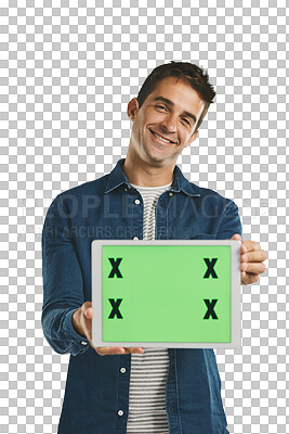 Buy stock photo Portrait, tablet and happy man with green screen to show space isolated on a transparent png background. Tech, chroma key and face of person on social media, marketing or mockup with tracking markers