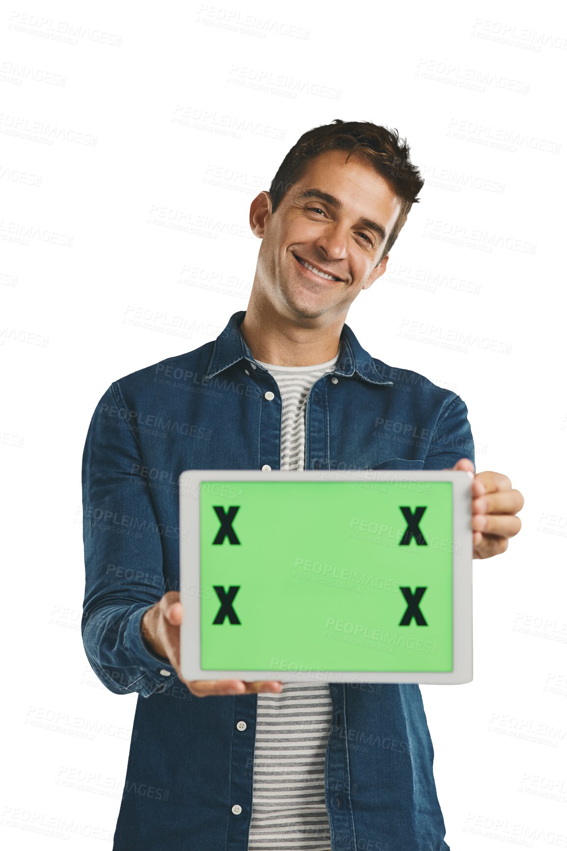 Buy stock photo Portrait, tablet and happy man with green screen to show space isolated on a transparent png background. Tech, chroma key and face of person on social media, marketing or mockup with tracking markers