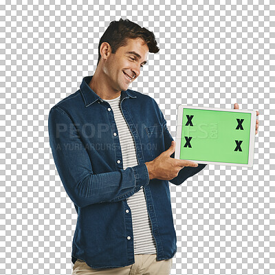 Buy stock photo Man, tablet and mockup with green screen for logo, branding or promotion with technology. Model, smile and placeholder for product placement or advertisement isolated on a transparent, png background