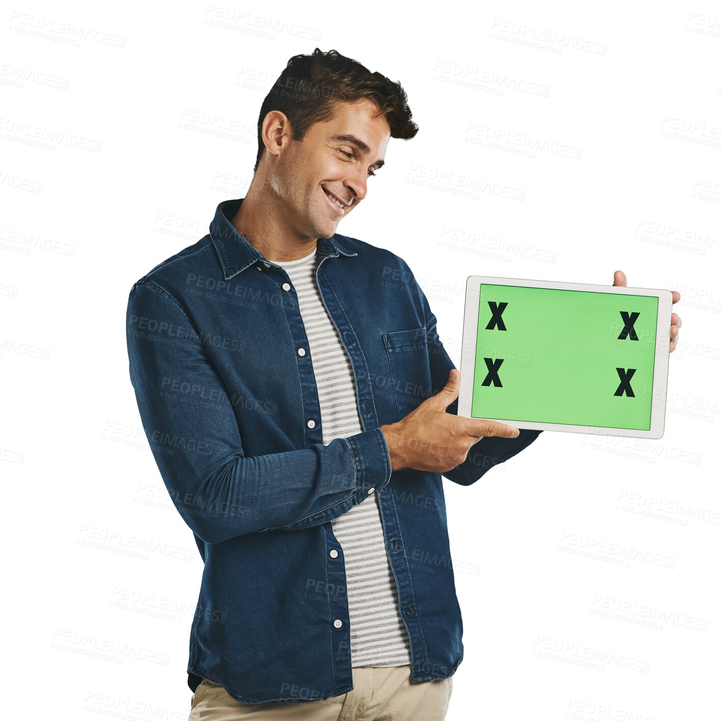 Buy stock photo Man, tablet and mockup with green screen for logo, branding or promotion with technology. Model, smile and placeholder for product placement or advertisement isolated on a transparent, png background