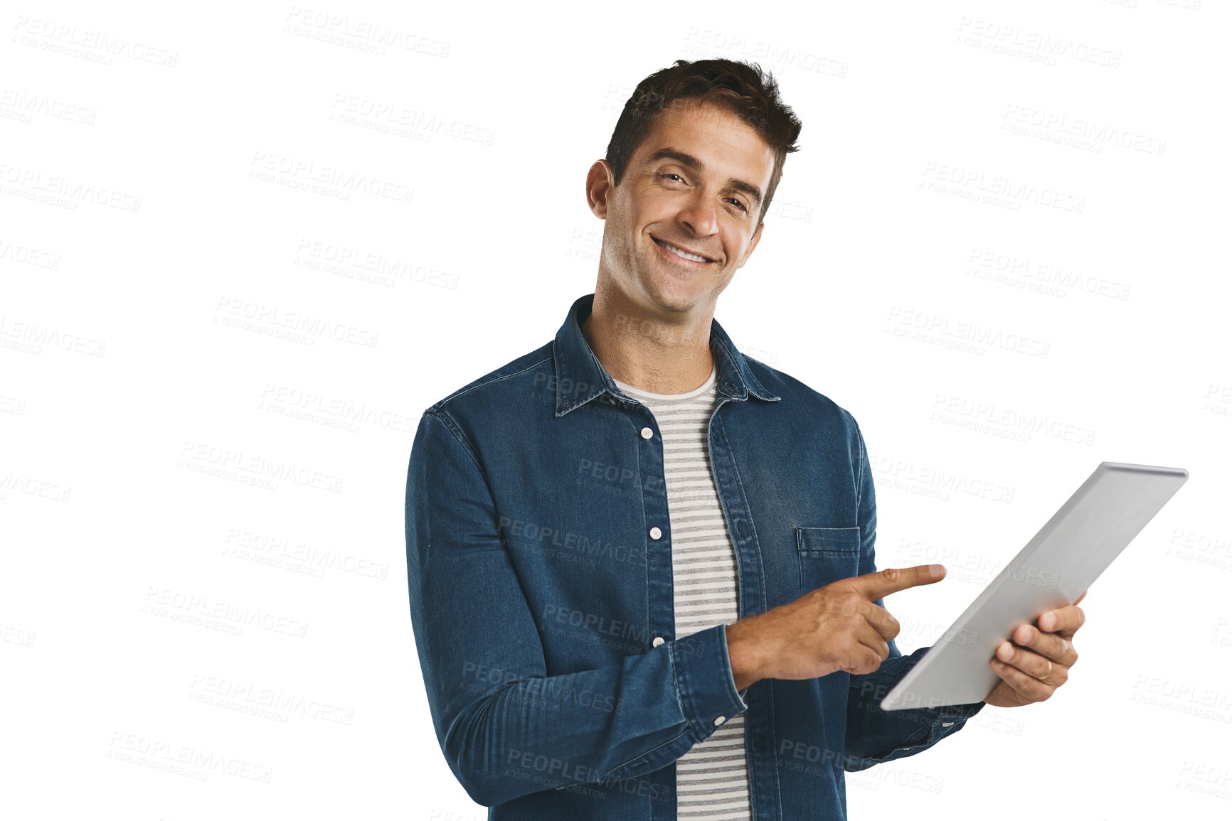 Buy stock photo Smile, tablet and portrait of man on social media, internet or pointing isolated on a transparent png background. Smartphone, face and happy person on technology, app and reading email notification
