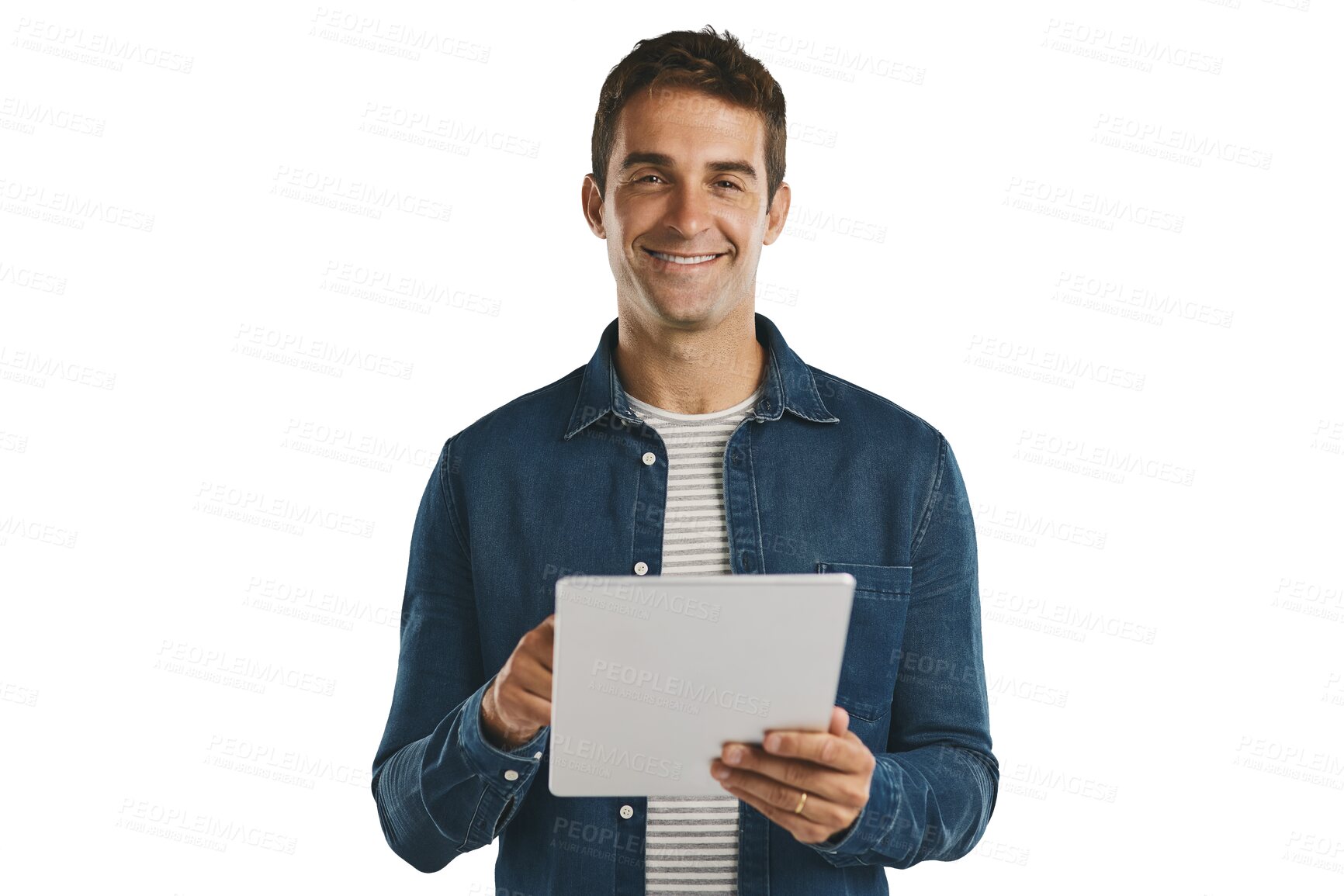 Buy stock photo Portrait, tablet and happy man on internet, scroll and social media isolated on a transparent png background. Digital technology, face and smile of person on app, network and typing email on website