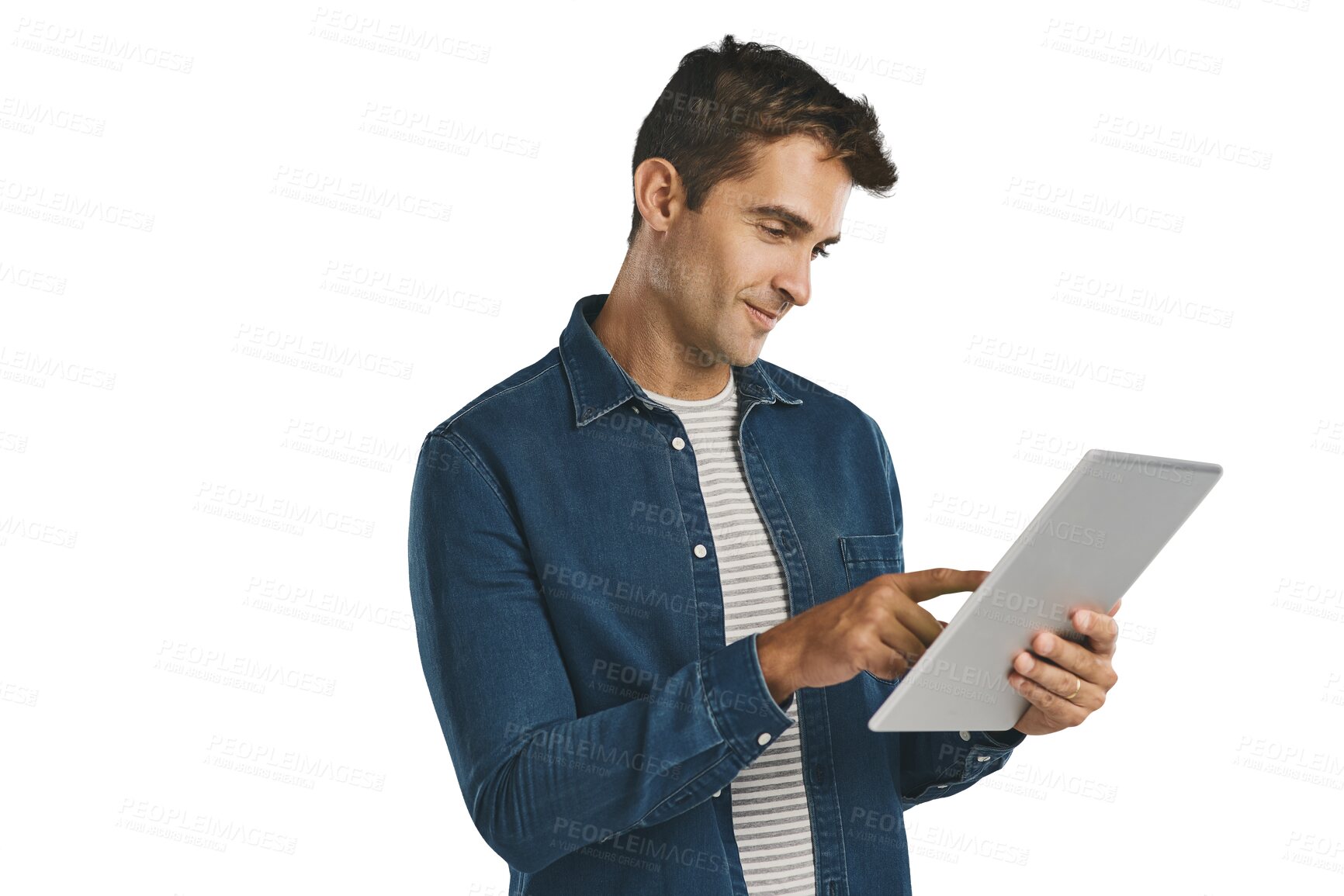Buy stock photo Search, tablet and man on internet, typing and social media isolated on a transparent png background. Technology, scroll and person on app, network and reading email notification online on website