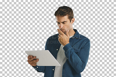 Buy stock photo Man, thinking and reading online with tablet on social media in transparent, isolated or png background. Internet, schedule and person with ebook, article or planning ideas with research information