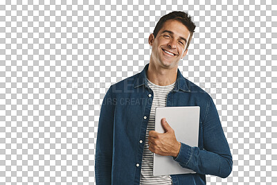 Buy stock photo Creative, man and happy portrait with tablet for social media in transparent, isolated or png background. Internet, schedule and person with ebook, article or communication on tech for networking
