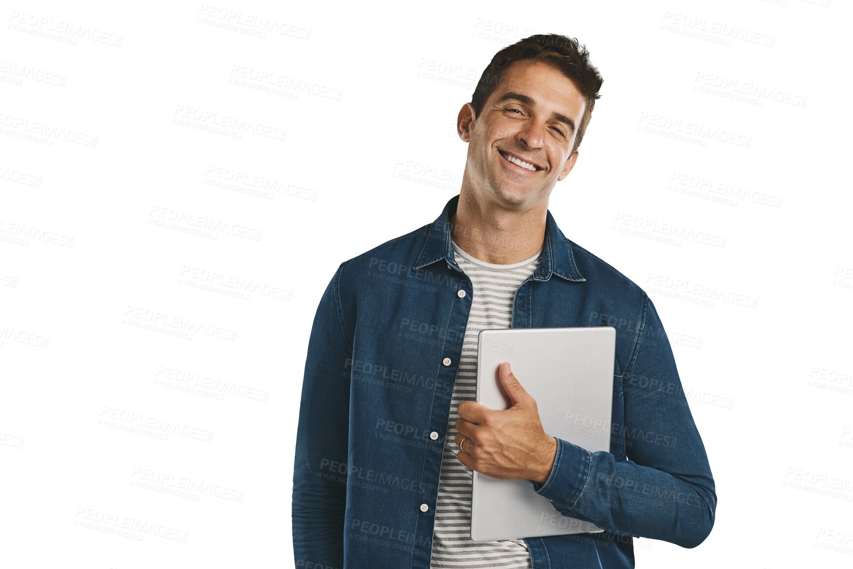 Buy stock photo Creative, man and happy portrait with tablet for social media in transparent, isolated or png background. Internet, schedule and person with ebook, article or communication on tech for networking