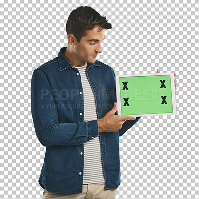 Buy stock photo Man, tablet and green screen for marketing presentation with tracking marker for coming soon information and deal. Person, display and advertising with mockup isolated on a png transparent background