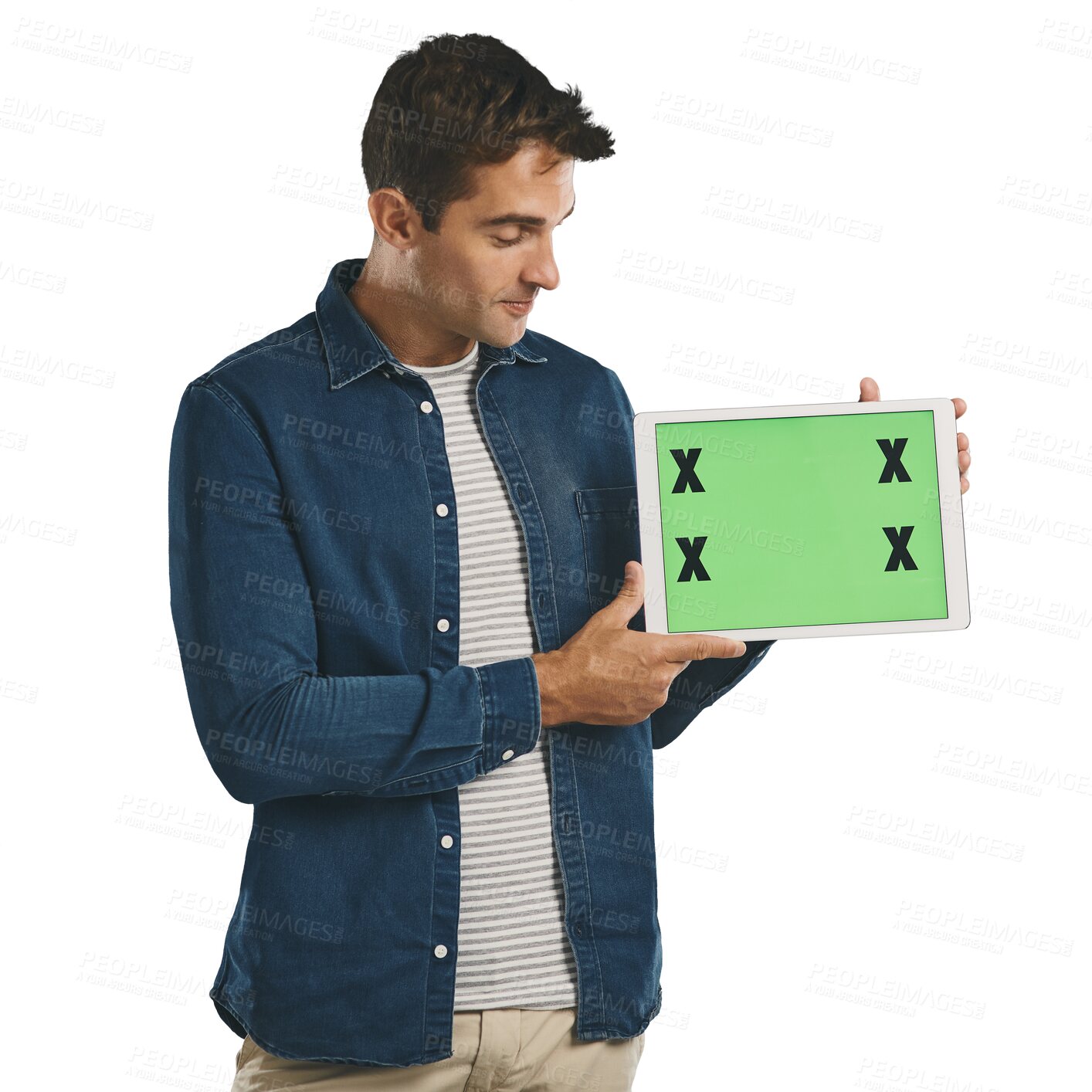 Buy stock photo Man, tablet and green screen for marketing presentation with tracking marker for coming soon information and deal. Person, display and advertising with mockup isolated on a png transparent background