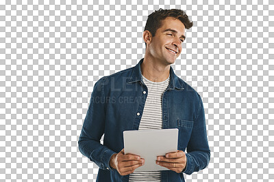 Buy stock photo Creative, man and happy with tablet for planning on social media in transparent, isolated or png background. Internet, networking and person with technology for work communication online and post
