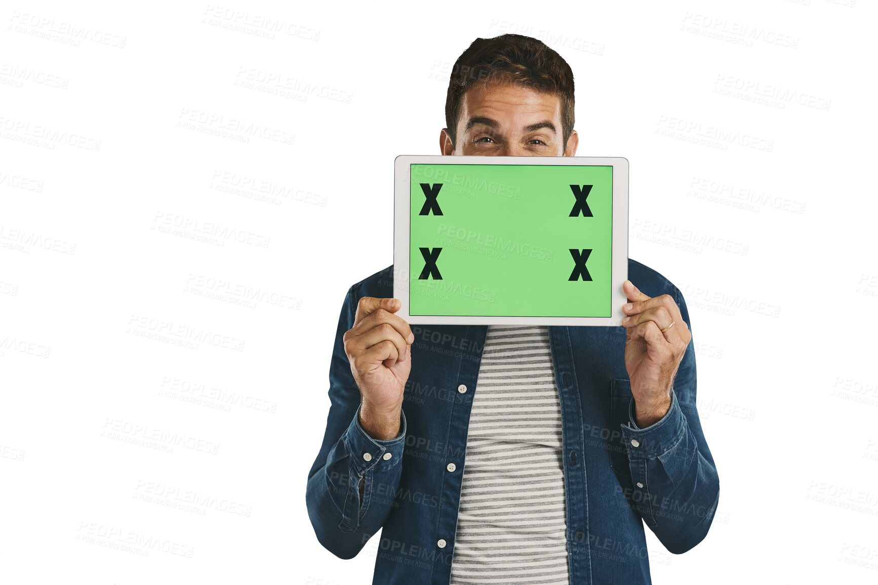 Buy stock photo Man, tablet and green screen for marketing information with tracking marker for coming soon presentation and deal. Person, hiding and advertising with mockup isolated on a png transparent background