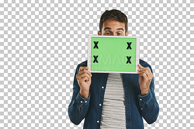 Buy stock photo Man, tablet and green screen for advertising presentation with tracking marker for coming soon information and deal. Person, hiding and marketing with mockup isolated on a png transparent background