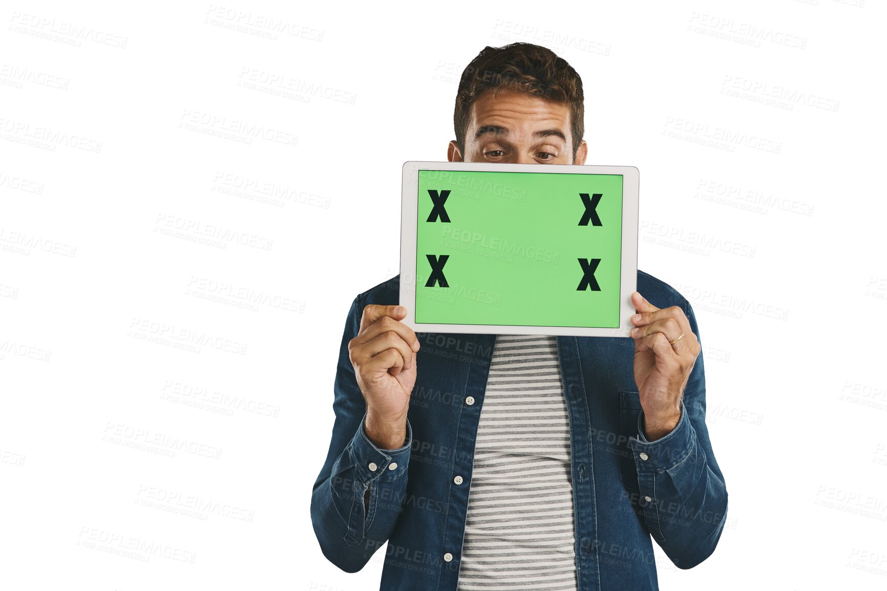 Buy stock photo Man, tablet and green screen for advertising presentation with tracking marker for coming soon information and deal. Person, hiding and marketing with mockup isolated on a png transparent background