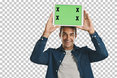 Buy stock photo Portrait, tablet and man with green screen, smile and mockup space isolated on a transparent png background. Digital technology, chroma key and person show marketing, social media or tracking markers