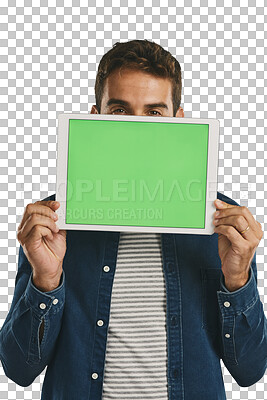 Buy stock photo Green screen, mock up and portrait of man with tablet for advertising and marketing. Chroma key, model and person with digital technology for empty space isolated by transparent png background.