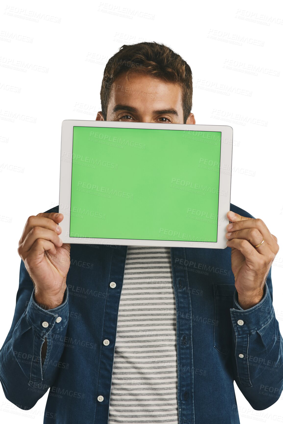 Buy stock photo Green screen, mock up and portrait of man with tablet for advertising and marketing. Chroma key, model and person with digital technology for empty space isolated by transparent png background.