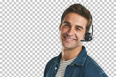 Buy stock photo Man, portrait and headset for telemarketing conversation or customer service, support or assistance. Male person, face and confidence or isolated transparent png background, call center or contact us