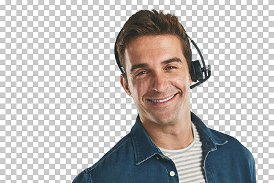 Buy stock photo Man, portrait and headset for call center customer support for communication, assistance or helping. Male person, face and telemarketing or isolated transparent png background, consulting or advisor