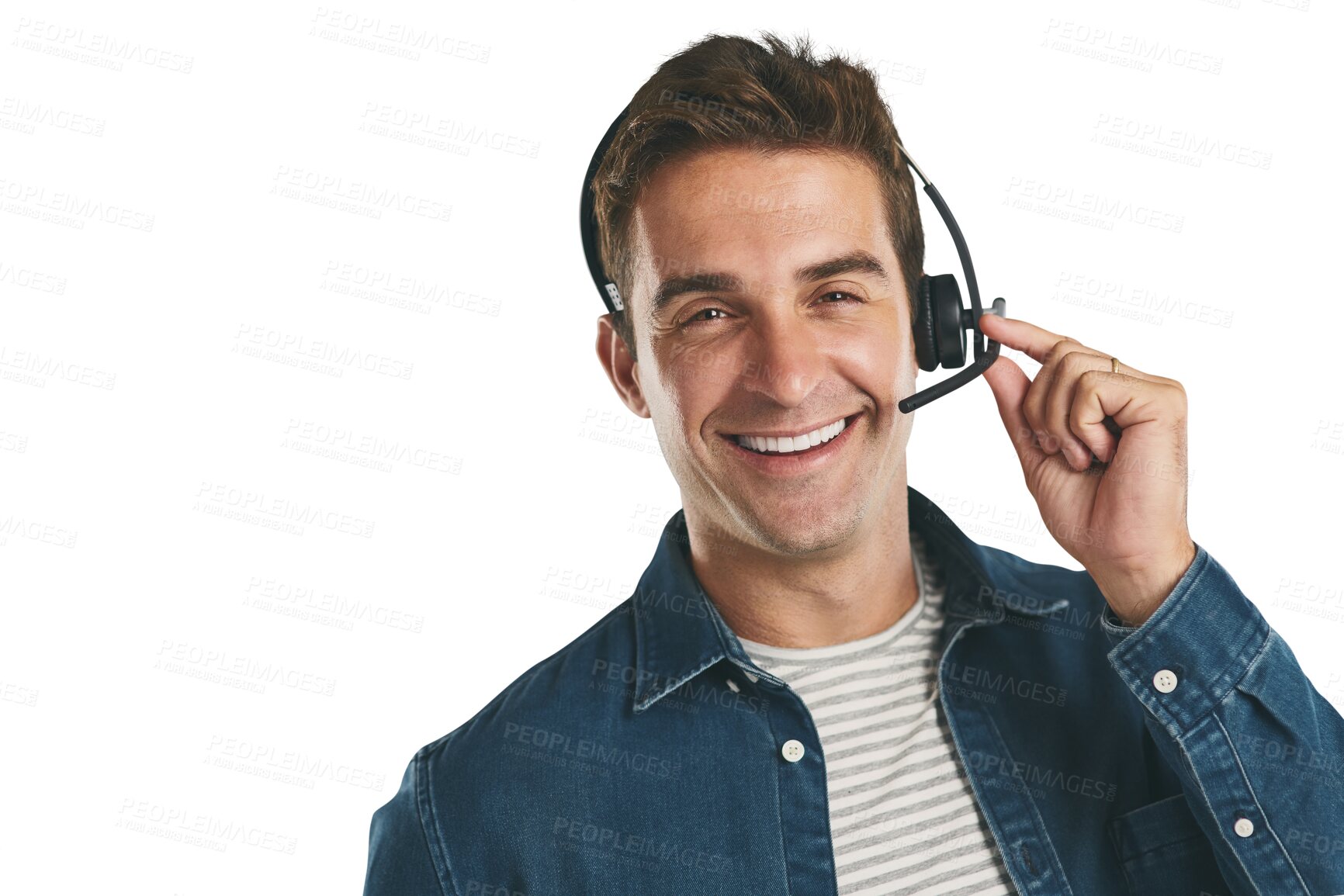 Buy stock photo Man, portrait and headset for telemarketing assistance for customer service, support or microphone. Male person, face and confidence or isolated transparent png background, call center or advisor